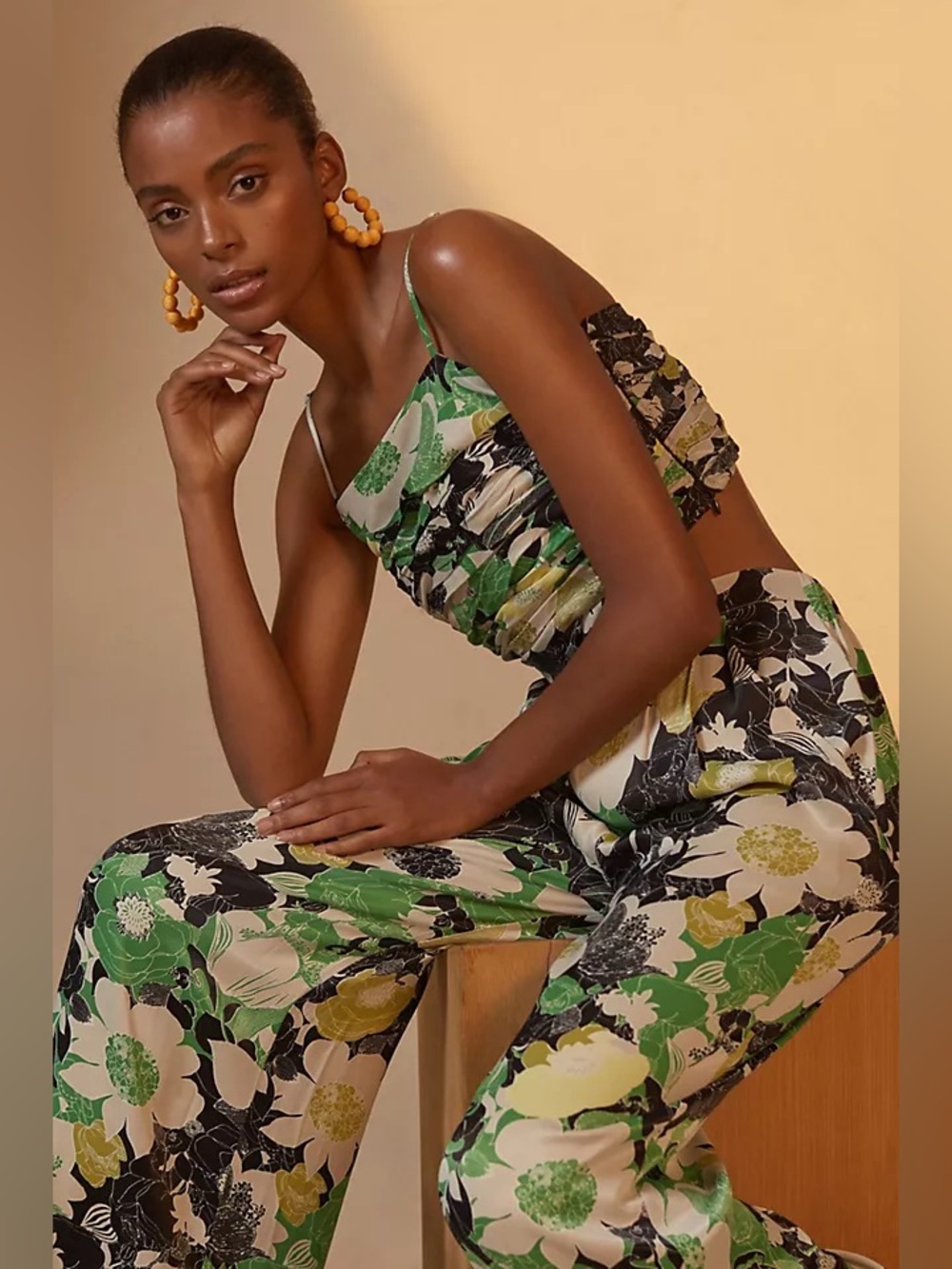 ANTHRO floral wide leg trouser set with crop cami